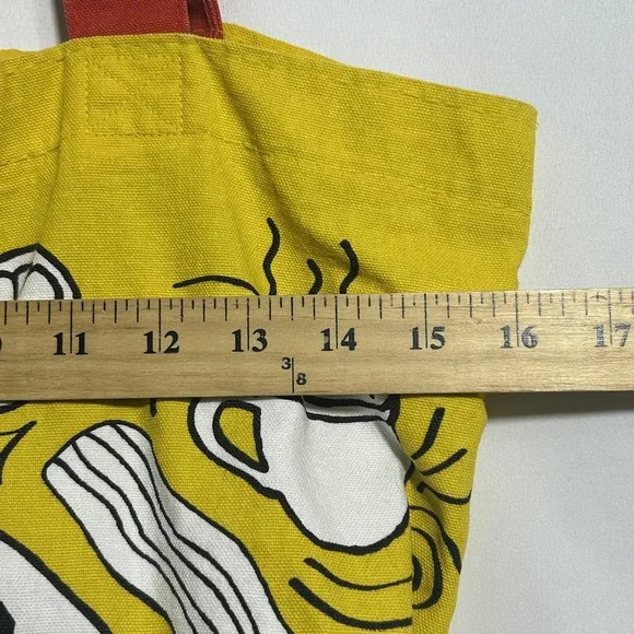 Trader Joe's Breakfast Toast Waffle Yellow Canvas Tote Bag Red Handles Grocery - Picture 7 of 10